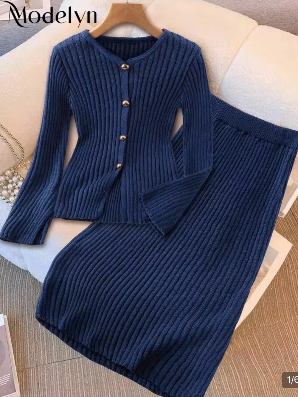 SHEIN Navy Ribbed Knit Cardigan and Skirt Set
